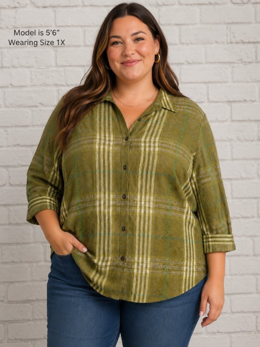 CJ Banks 1X Green Woven Plaid Cotton Blend‎ Button Down Shirt Top Blouse Plus